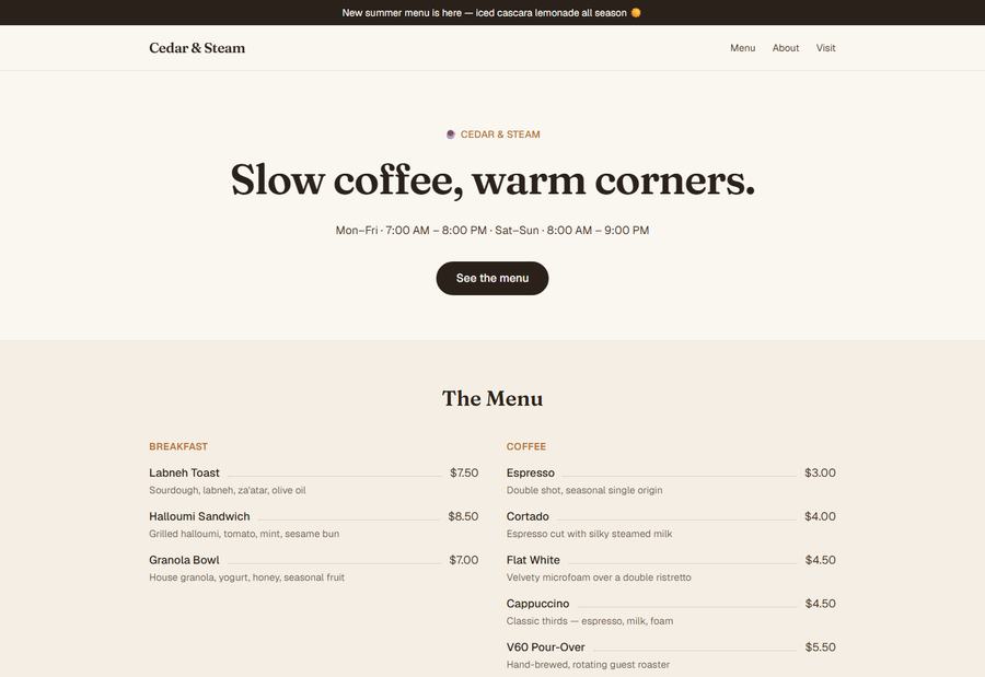 Coffeeshop & co-working — screenshot of the live site